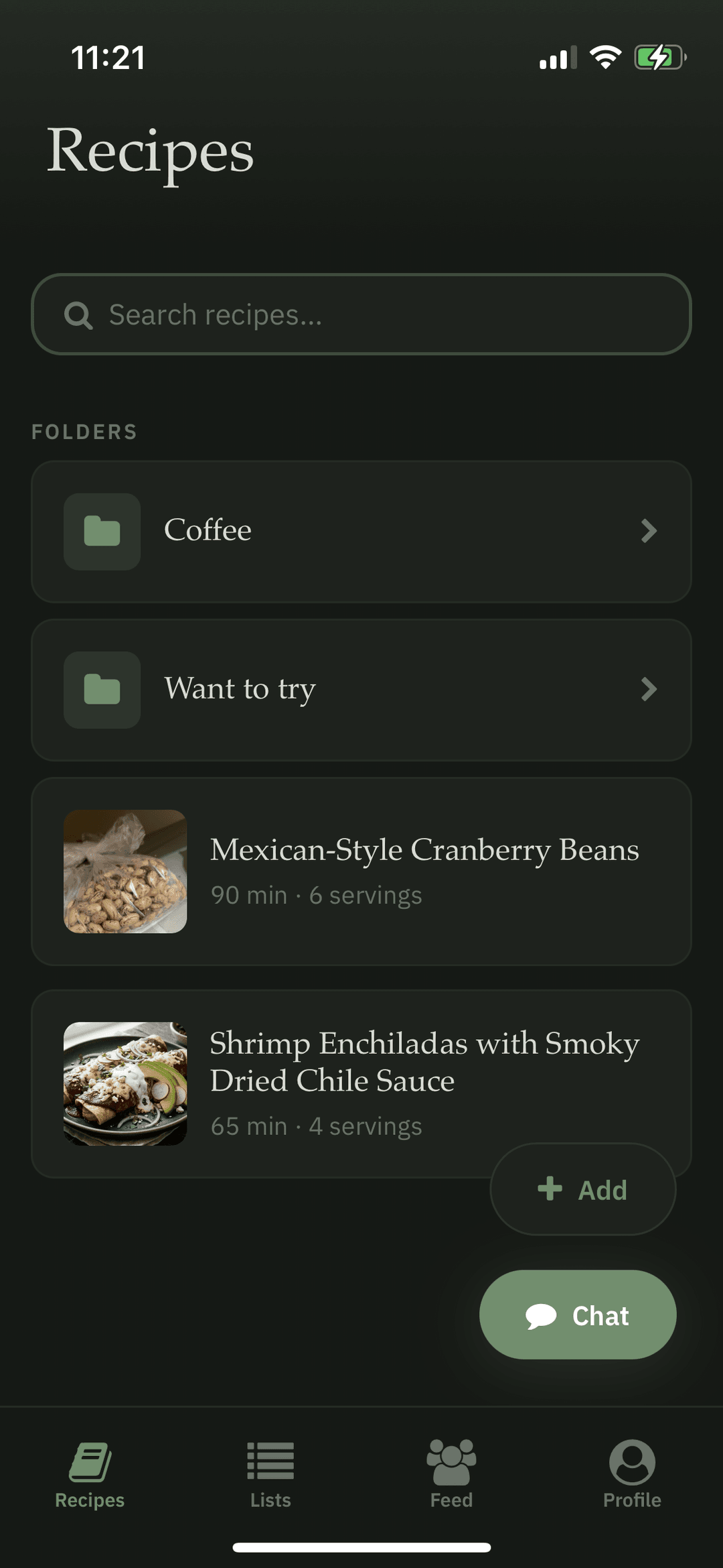 Recipe library with folders and AI-generated food photos