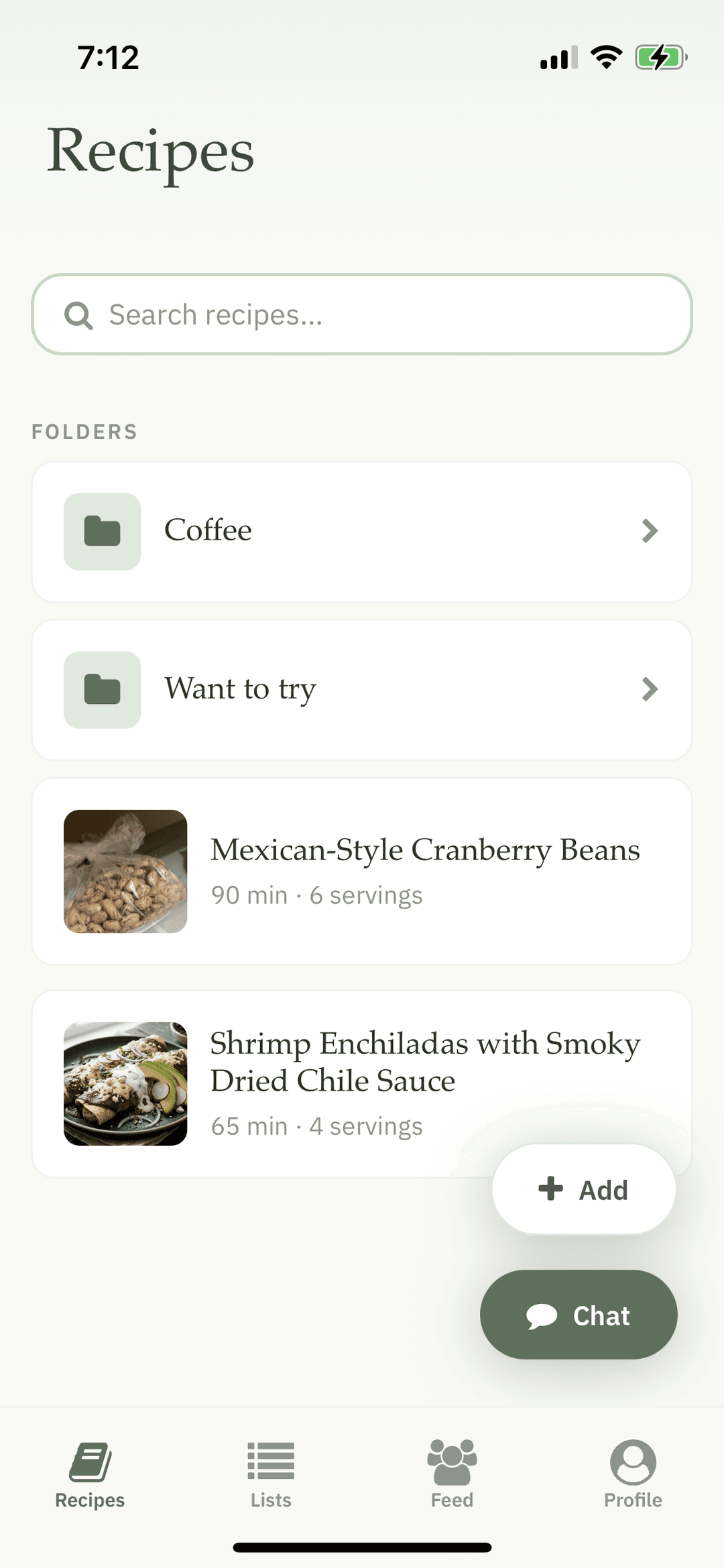 Recipe library with folders and AI-generated food photos
